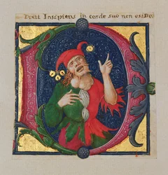 Iniziale abitata D che raffigura un folle